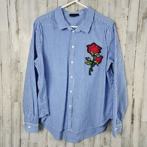 Jeans by Buffalo Striped Floral Button-Down Shirt Blue Red Size Large